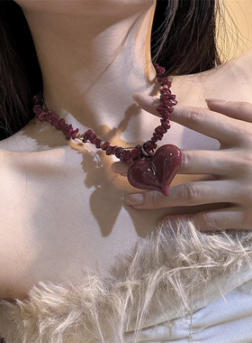 合金锁骨链女性串珠爱心吊坠项链