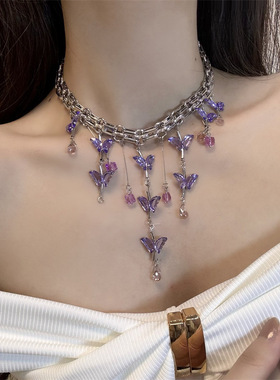 合金刀片链女性紫色水晶蝴蝶项链