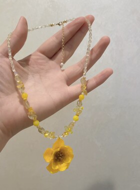 黄色干花朵水晶串珠项链女款2026新款轻奢气质兰花锁骨颈链