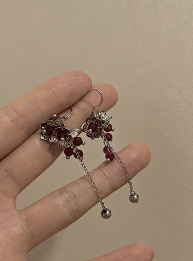 法式红水晶花朵流苏耳环开口戒指女小众气质时尚轻奢设计食指戒