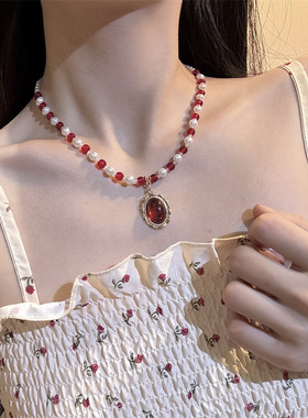 合金锁骨链女性红色宝石珍珠项链