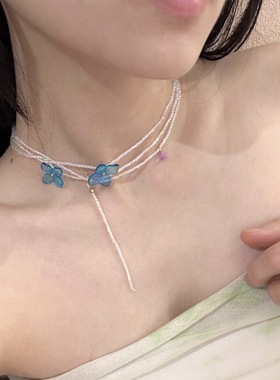 手作设计感蓝色花朵项链小众甜美气质锁骨链颈链