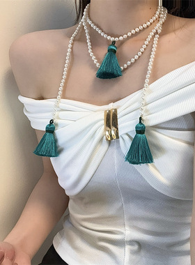 圆珠链女性串珠珍珠流苏麦穗项链