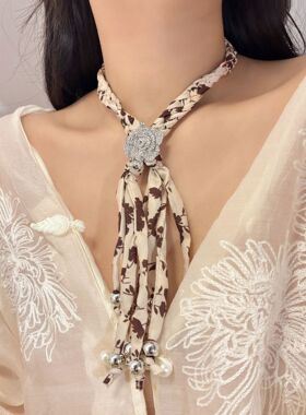 美拉德色系~豹纹系脖丝巾花朵项链女小众长毛衣链秋冬配饰