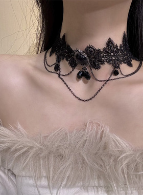 暗黑复古公主蕾丝花边流苏项链黑色洛丽塔颈链choke锁骨链