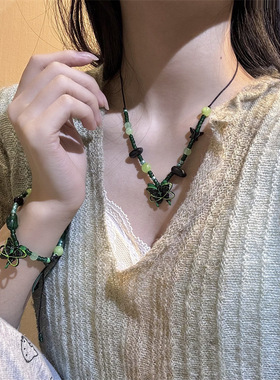 串珠锁骨链女性绿色蝴蝶抽拉项链
