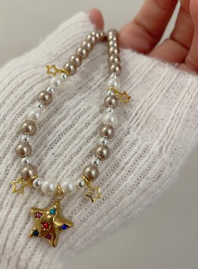 复古金色彩色星星吊坠项链女时尚百搭甜酷风串珠锁骨链配饰