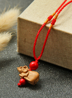 桃木十二生肖红绳项链吊坠男女