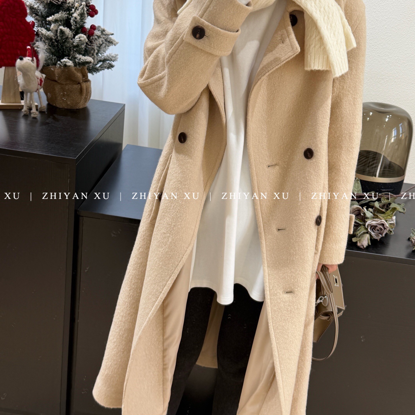 ZHIYAN XU 韩国冬季唯美温柔米色正肩双排扣长款毛呢大衣显瘦外套 - 图3