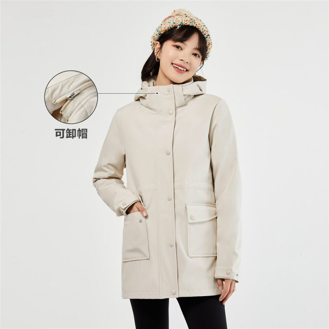 Jordano Charge Coat Women's Spring New Composite Velvet Detachable Hat Mid length Soft Shell Coat 05373717