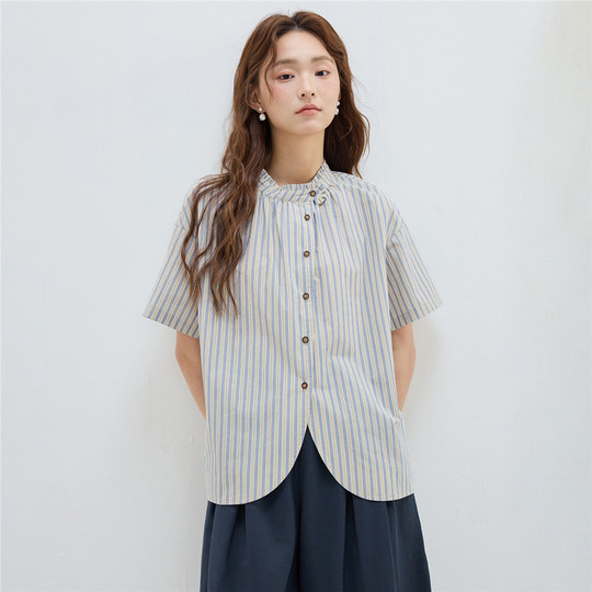 设计师款佐丹奴日系衬衫女夏新款纯棉宽松条纹短袖衬衫女18345206