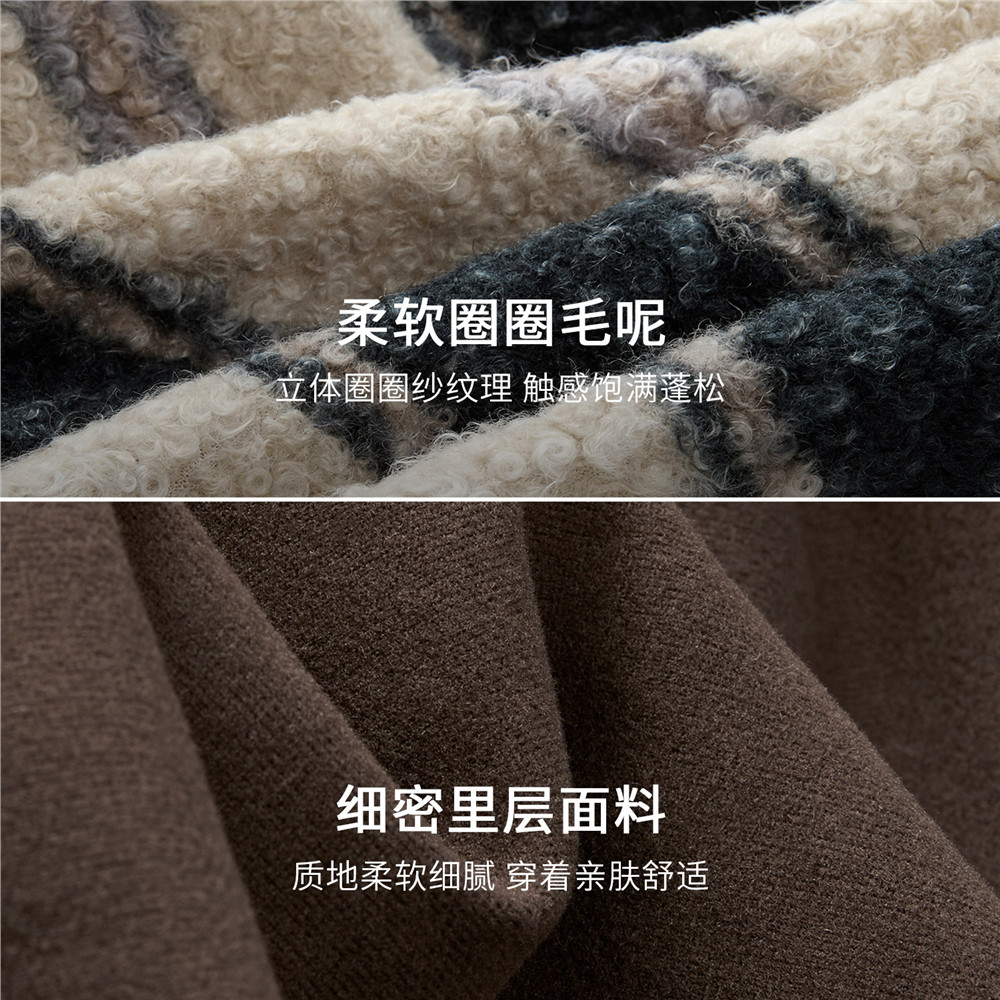 设计师款佐丹奴绒感夹克女宽松撞色条纹连帽圈圈毛呢外套18375520,淘宝优惠券,粉丝福利购,淘宝优惠卷