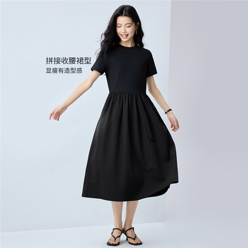 佐丹奴裙子女2026夏新款拼接小黑裙极简风圆领短袖连衣裙13466307 - 图1