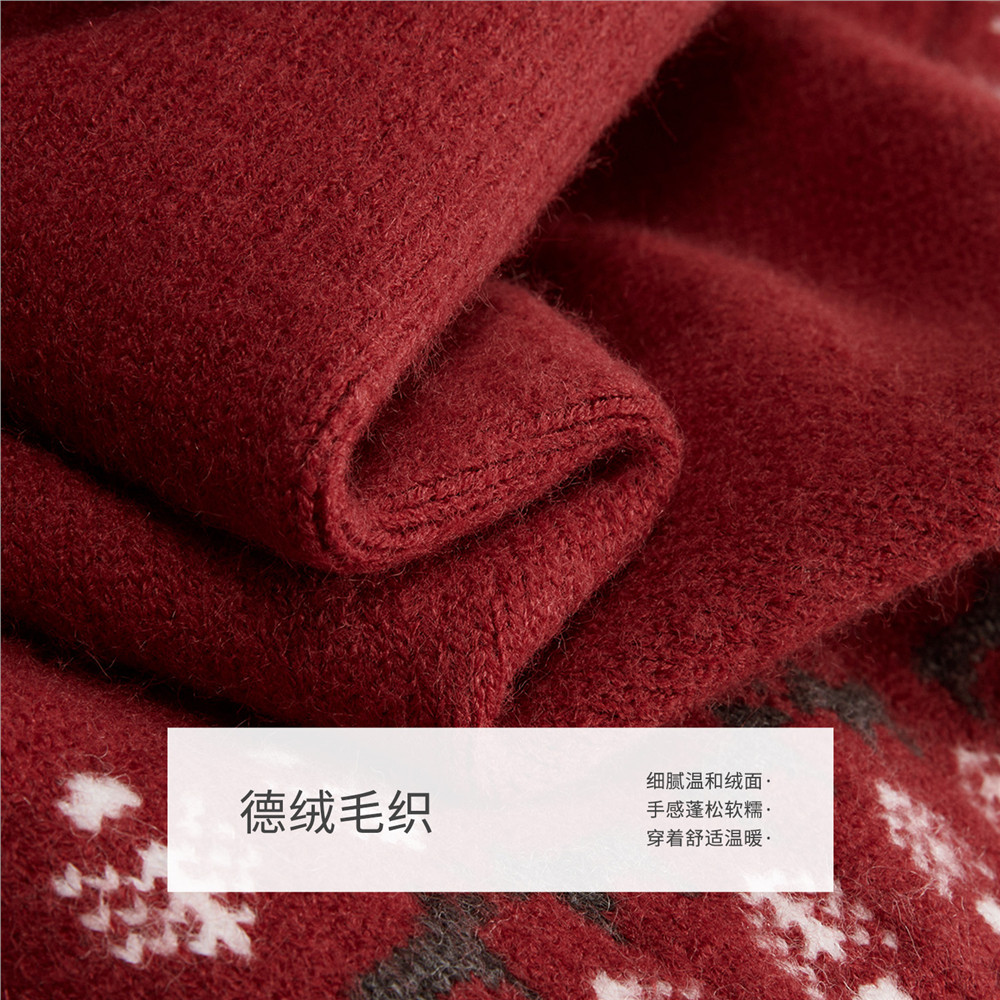 设计师款佐丹奴红色毛衣女撞色提花卷边宽松圆领针织开衫18355614,淘宝优惠券,粉丝福利购,淘宝优惠卷