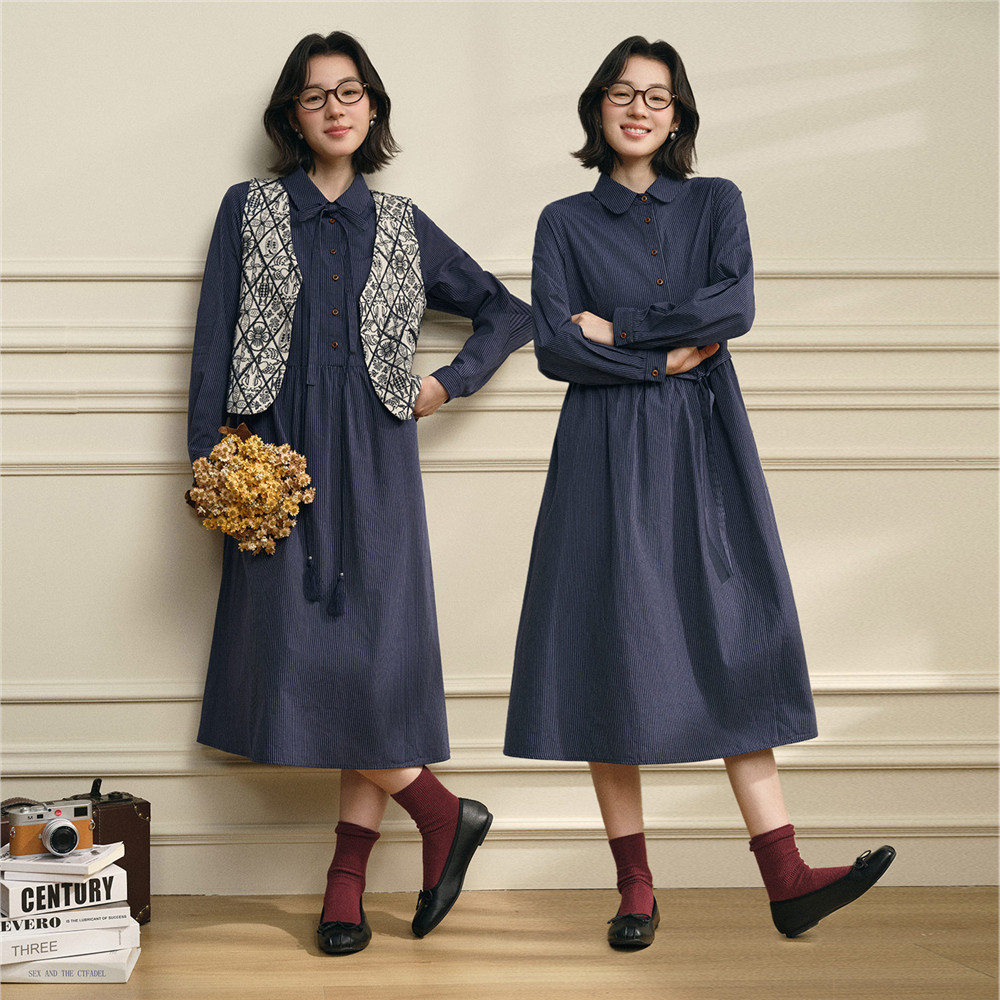 设计师款佐丹奴2026年春纯棉条纹娃娃领系带收腰连衣裙女18466702,淘宝优惠券,粉丝福利购,淘宝优惠卷