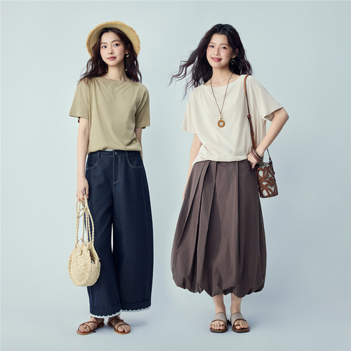 佐丹奴短袖T恤女2026年夏季新款花纱斜肩一字领宽松上衣05326426 - 图3