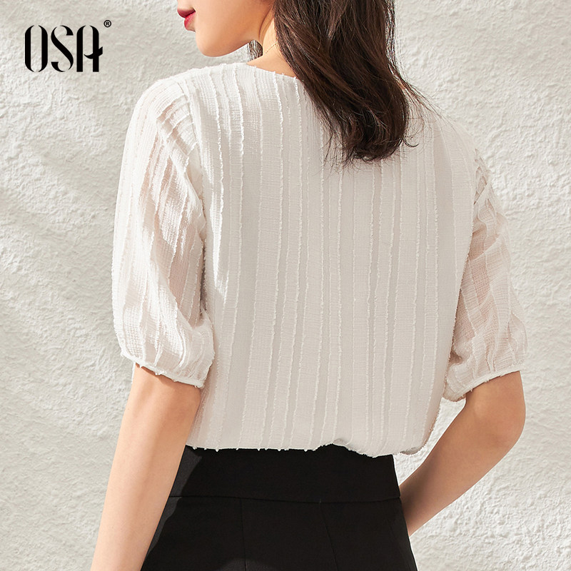 osa白色v领半袖2020夏季雪纺衫 osa品牌服饰蕾丝衫/雪纺衫