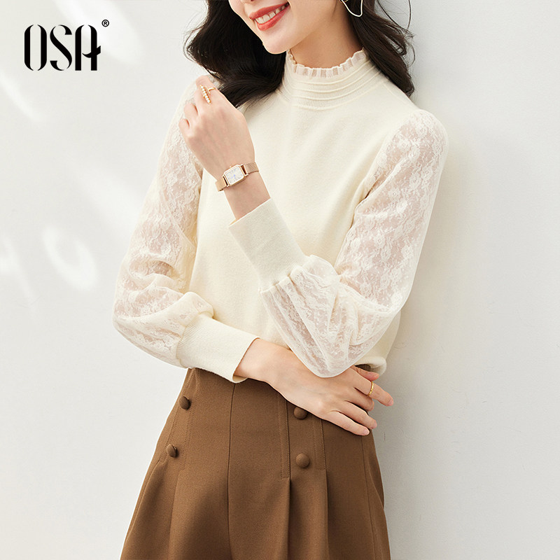 osa欧莎法式半高领蕾丝泡泡袖打底 osa卿衣落毛针织衫