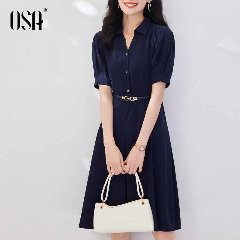 OSA欧莎藏蓝色衬衫连衣裙女夏季2024年新款高级感泡泡袖裙子夏天-图0