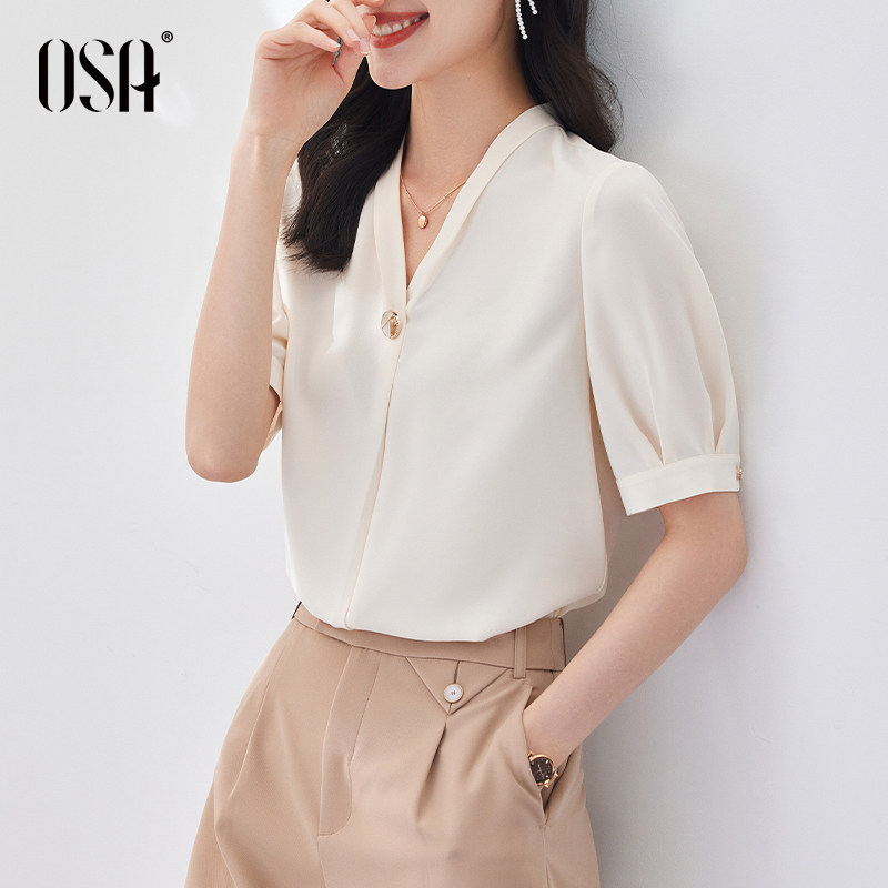 osa欧莎夏季2022年新款短袖衬衫 osa卿衣落蕾丝衫/雪纺衫