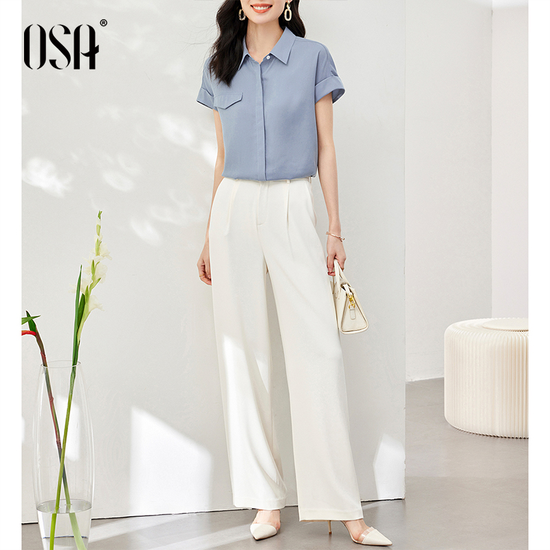 OSA欧莎蓝色垂感小众短袖衬衫上衣女夏季2024年新款宽松显瘦衬衣