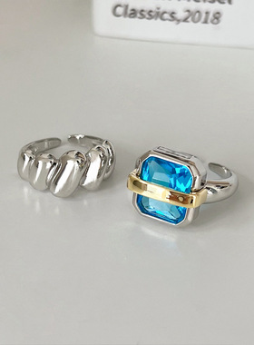 方形蓝色锆石开口可调节戒指女夏轻奢小众个性指环情侣食指戒男潮