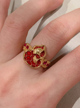 新中式宫廷风银杏叶葫芦戒指女小众轻奢高级感中国红珐琅彩滴油女
