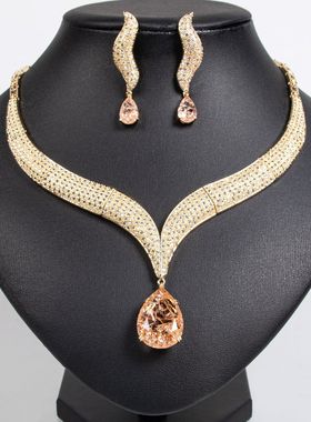 跨境欧美项链夏季女高级感个性夸张爆闪轻奢水滴锆石项链耳环套装
