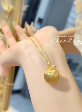 轻奢时尚手工拉丝金苹果项链高级感织纹雕金丝绸缎带平安喜乐吊坠