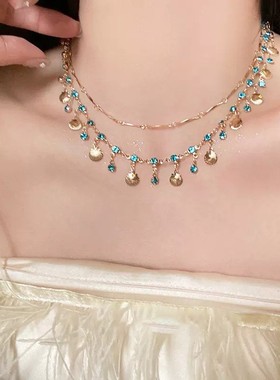 高级感时尚蓝宝石金色贝壳公主项链blingbling创意设计锁骨链颈链