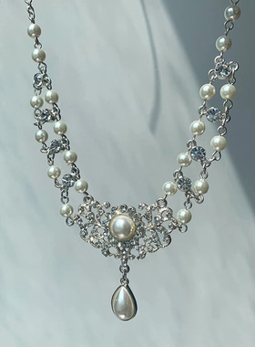 高级感轻奢水滴珍珠项链女甜美公主宫廷风锁骨链宴会礼服镶钻颈链