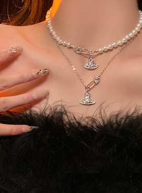 西太后土星轻奢项链女星球珍珠别针简约小众设计感颈链配饰锁骨链