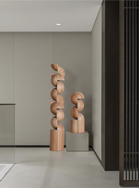 几何创意实木雕塑艺术品落地摆件民宿酒店售楼处玄关装饰竖高摆设