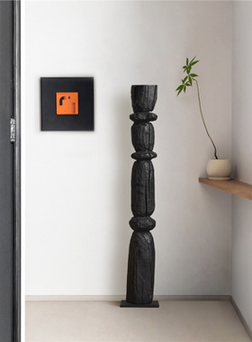 侘寂风碳化实木艺术雕塑落地摆件酒店民宿茶室玄关竖高木雕装饰品