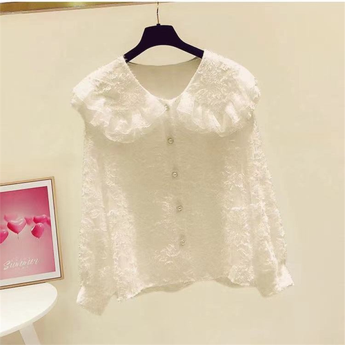 lolita内搭娃娃领衬衫加绒加厚蕾丝边大翻领衬衫女休闲雪纺衬衣潮 - 图0