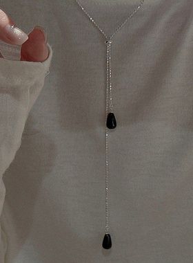 S925纯银韩版小众设计感复古水滴玛瑙项链韩式风时尚个性毛衣链