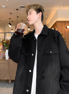 初秋破洞牛仔外套男痞帅宽松美式夹克复古上衣Men's denim jacket