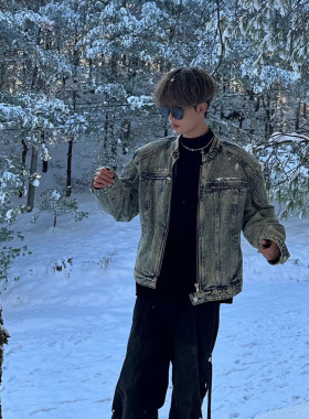 美式复古短款牛仔外套男痞帅宽松做旧夹克衣服Men's denim jacket