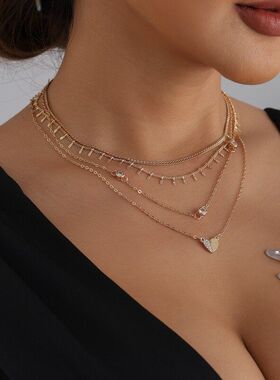 欧美跨境饰品流苏链条镶钻爱心项链女 时尚多层设计小众V型锁骨链