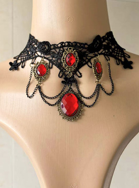 欧美夸张万圣节项链跨境饰品哥特式红宝石水滴蕾丝项链耳环套装