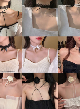 黑色山茶花项链女洛丽塔暗黑choker锁骨链禁欲系女仆辣妹颈带项圈