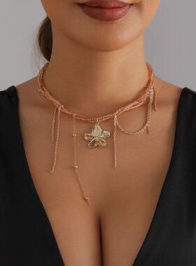 欧美跨境饰品粉色水晶串珠花朵流苏项链 田园清新少女风个性项饰