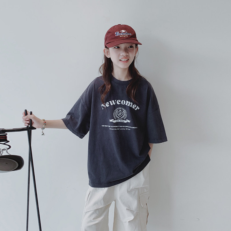 女大童T恤2025夏装新款初中生美式复古风短袖青少年简约休闲上衣,淘宝优惠券,粉丝福利购,淘宝优惠卷