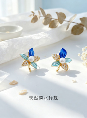 天然淡水珍珠耳钉中国风新中式日常女性耳饰轻奢花朵易清洁通勤