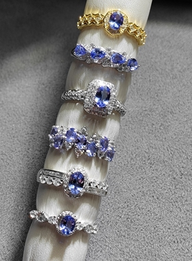 天然坦桑石戒指925银戒指坦桑石蓝色切面净体火彩好蓝宝石戒指