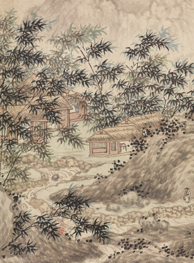 临摹画稿手卷山水画风景画绢布