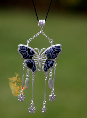 民族风复古苗银手绘蜡染蓝染项链