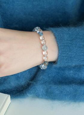 半夏蓝天然水晶手串珠净化白水晶海蓝宝好运多宝手链女款2026新款