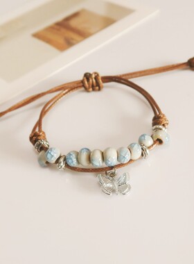 复古民族风编织陶瓷蝴蝶手链国风元素中式学生文艺手绳饰品