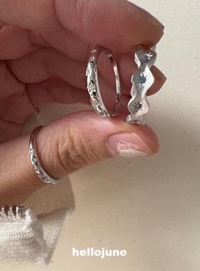 hellojune s925 纯银星芒光轮系列星光戒 波浪小众星光蓝开口银戒